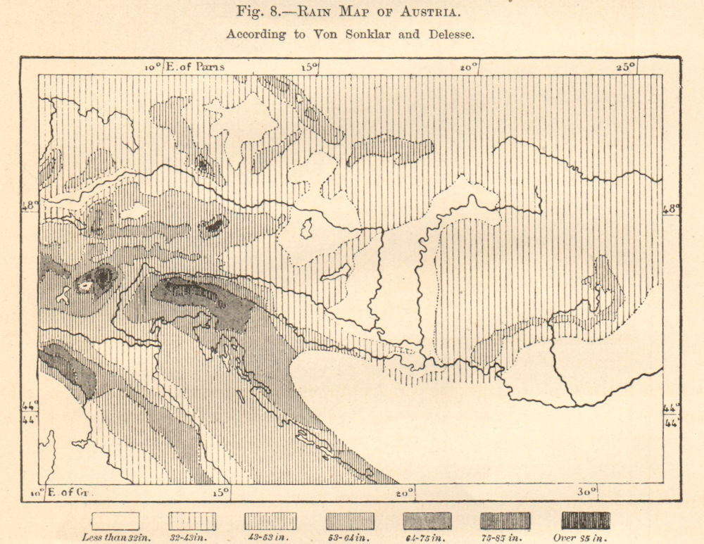 Rain Map of Austria-Hungary. Precipitation. Sketch map 1885 old antique